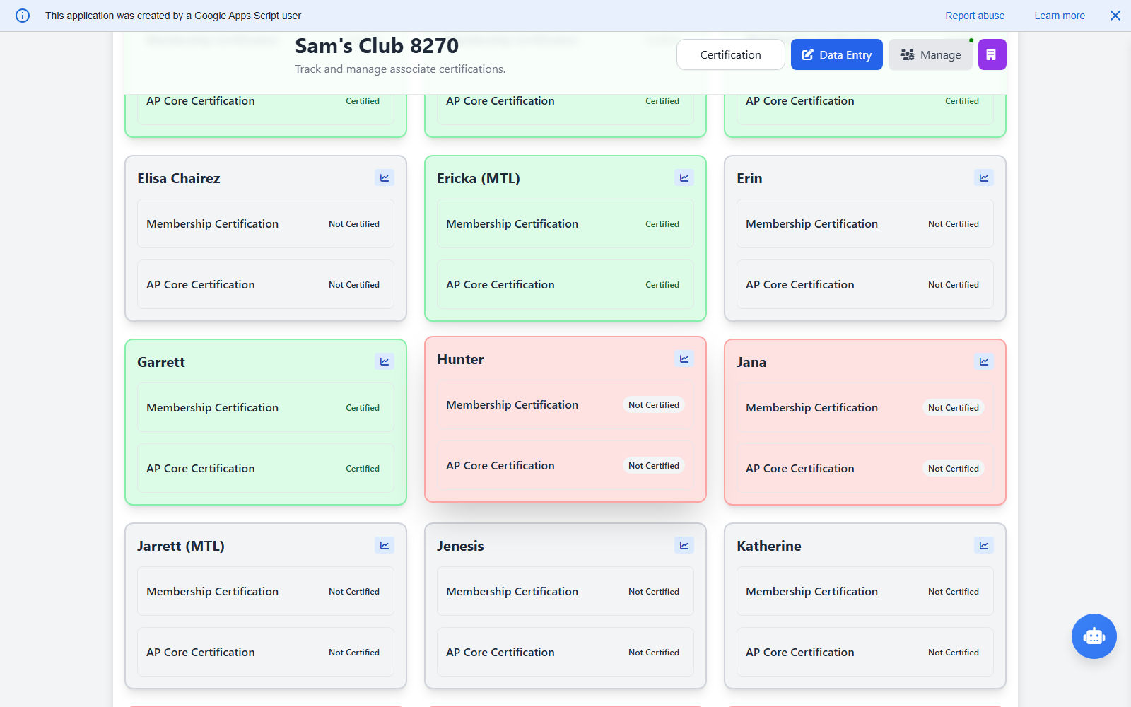 Front End certification tracking screen