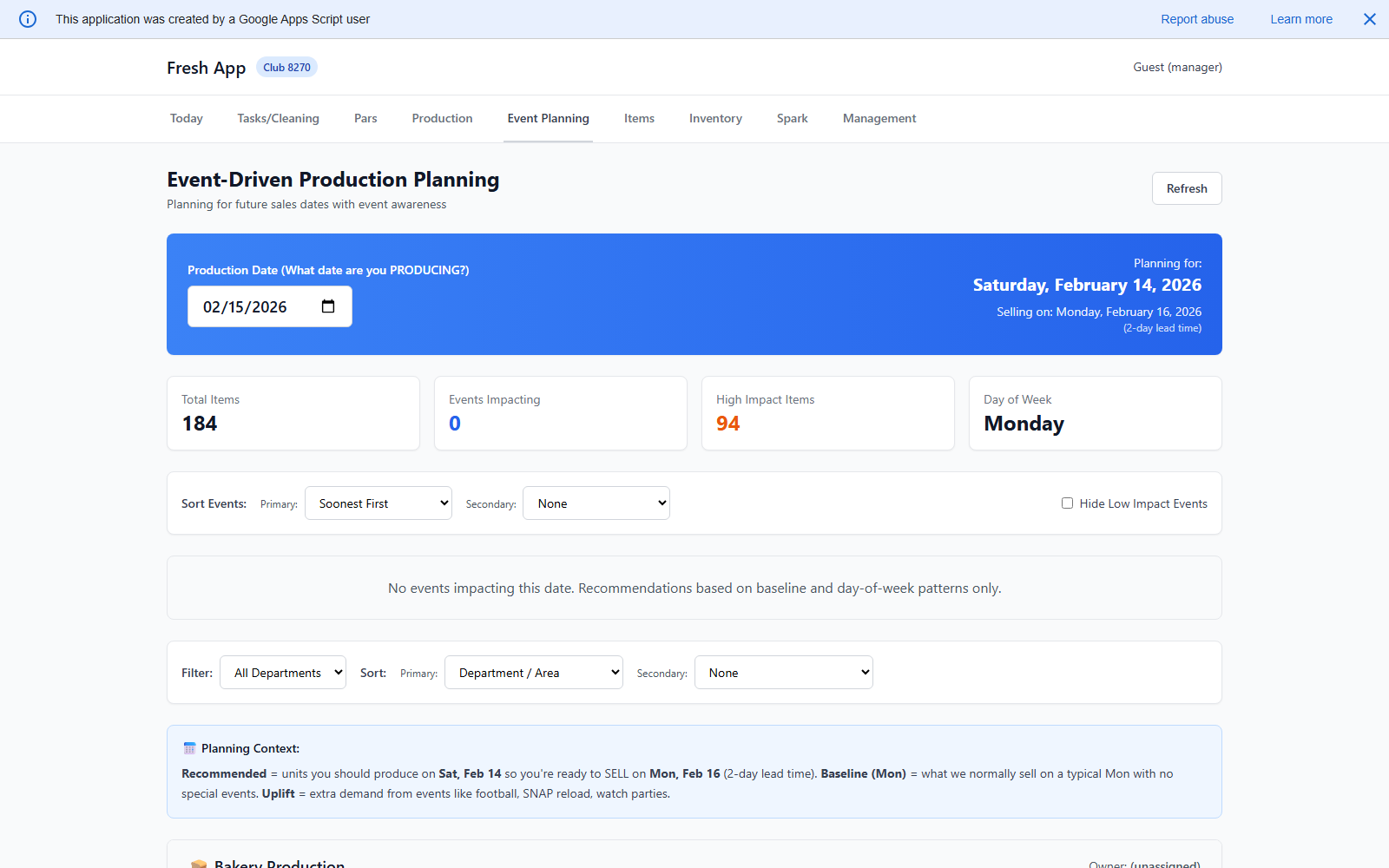Fresh app event planning screen