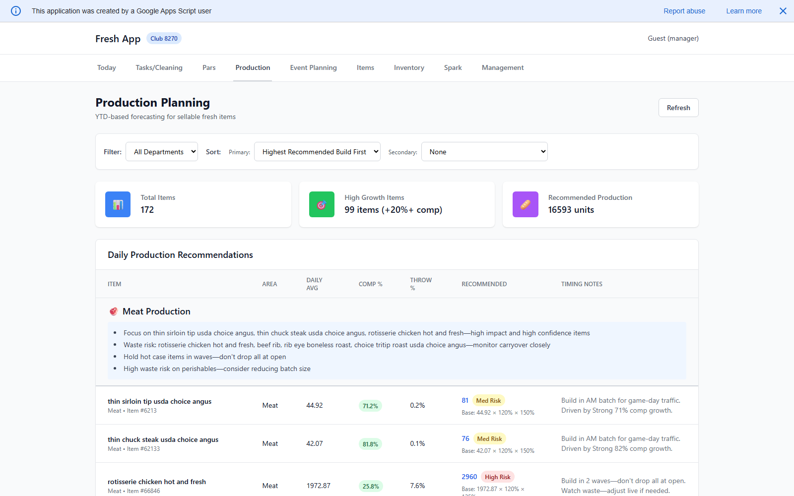 Fresh app production screen