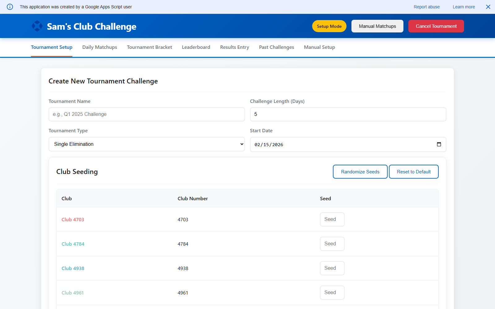 Market Credit and Plus challenge tournament setup screen